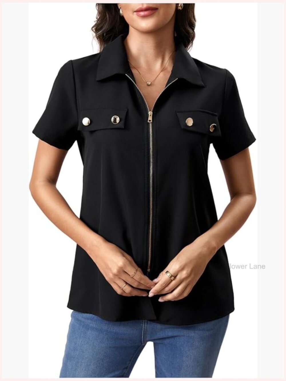 Short Sleeve Collared Button Front Full Zip Blouse Trendy T-shirt